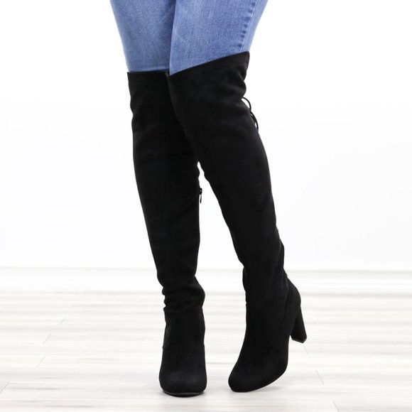 Black Over The Knee Heeled Boots Thigh High Suede With Lace Up Back - Picture 11 of 14